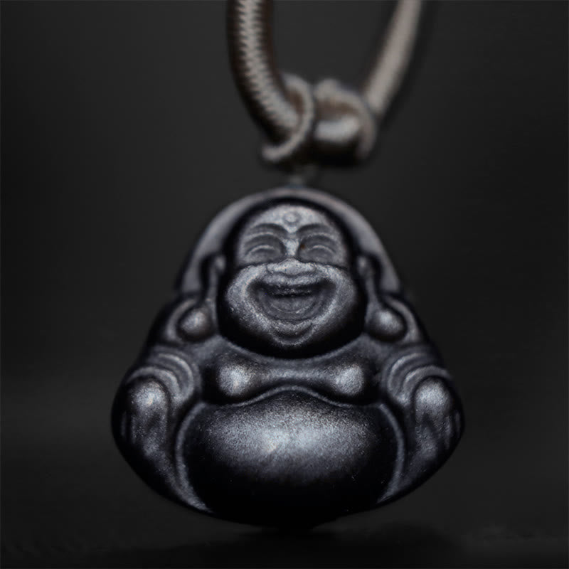 Buddha Stones Natural Silver Sheen Obsidian Laughing Buddha Protection Necklace Pendant - image 4