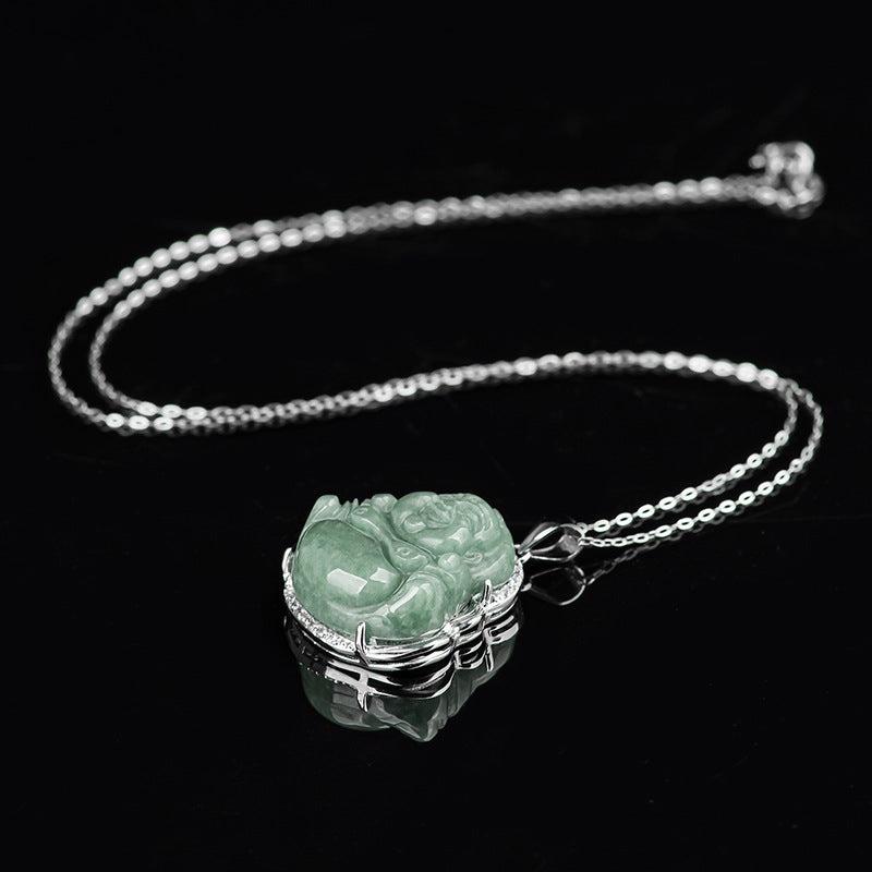 Buddha Stones Laughing Buddha Jade Abundance Necklace Titanium Steel Chain Pendant - image 9