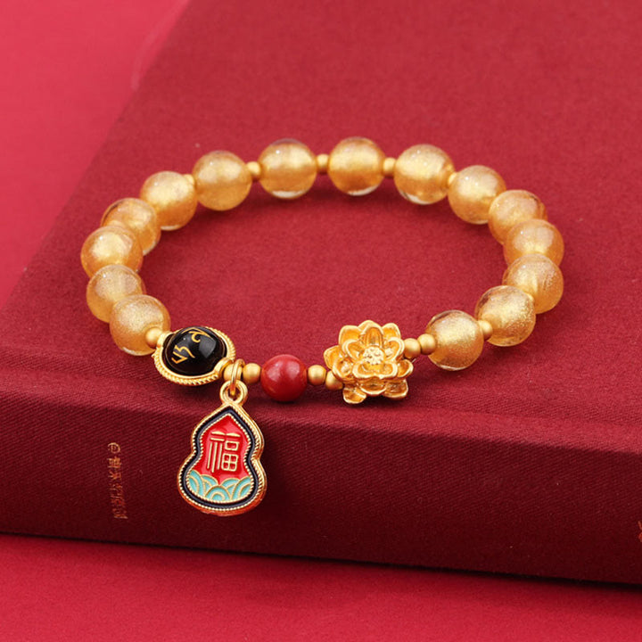 Buddha Stones Tibet Om Mani Padme Hum Fu Character Gourd Charm Lotus Liuli Glass Bead Luck Bracelet - 8mm Gold Liuli Glass Bracelet(Wrist Circumference 14-16cm) - image 9
