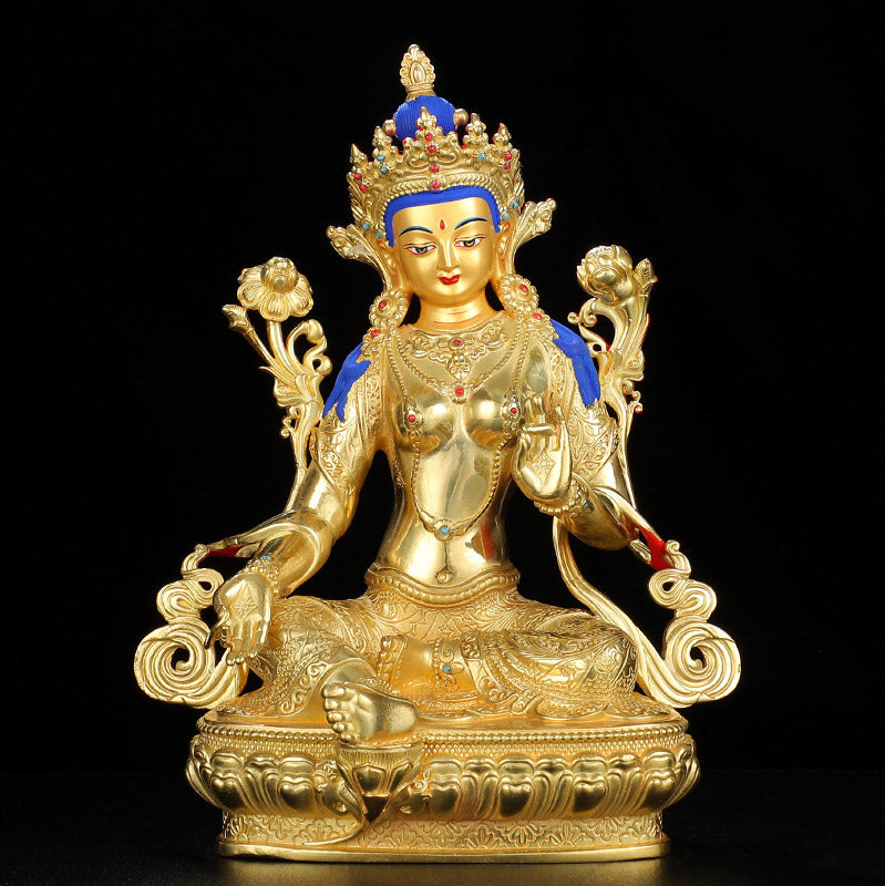 Buddha Stones Bodhisattva Green Tara Protection Copper Gold Plated Statue Decoration - image 2
