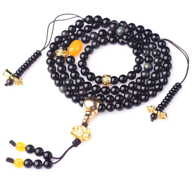 Buddha Stones 108 Beads Natural Black Obsidian Lotus Fulfilment Mala Bracelet - image 6