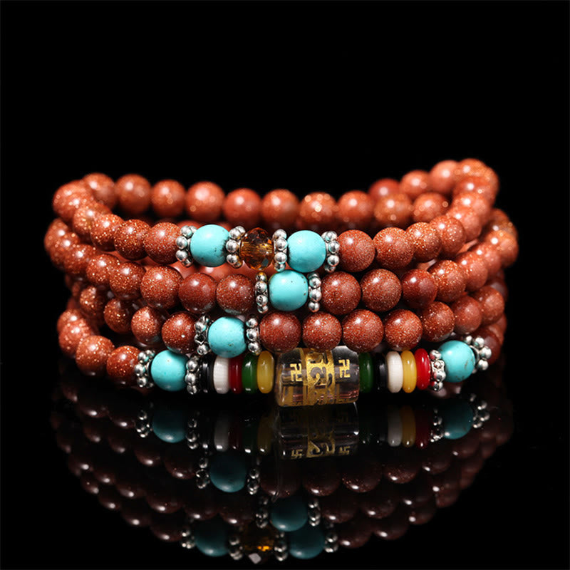 Buddha Stones 108 Mala Beads Goldstone Om Mani Padme Hum Swastika Confidence Bracelet - Goldstone(Ambition♥Encourage) - image 0