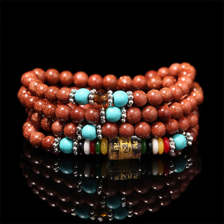 Buddha Stones 108 Mala Beads Goldstone Om Mani Padme Hum Swastika Confidence Bracelet - Goldstone(Ambition♥Encourage) - image 0