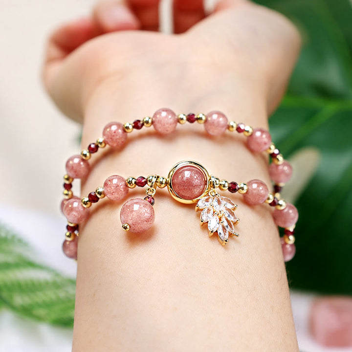 Buddha Stones Natural Strawberry Quartz Love Healing Maple Leaf Charm Double Wrap Bracelet - image 5