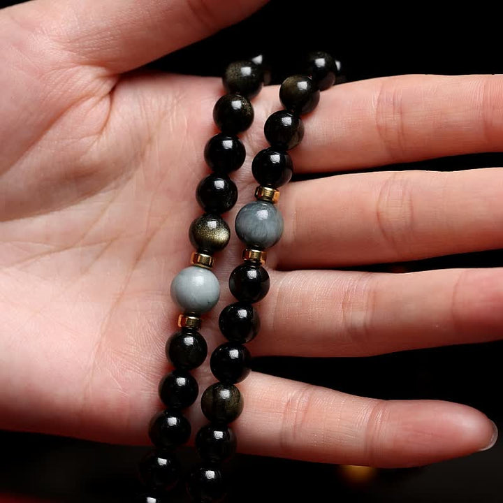 Buddha Stones 108 Mala Beads Gold Sheen Obsidian Tiger Eye Eagle's Eye Stone Wealth Bracelet - image 5