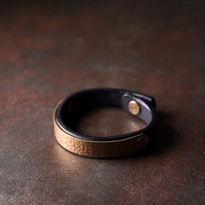 Buddha Stones Vintage Handmade Texture Copper Brass Leather Wealth Bracelet Bangle - image 16