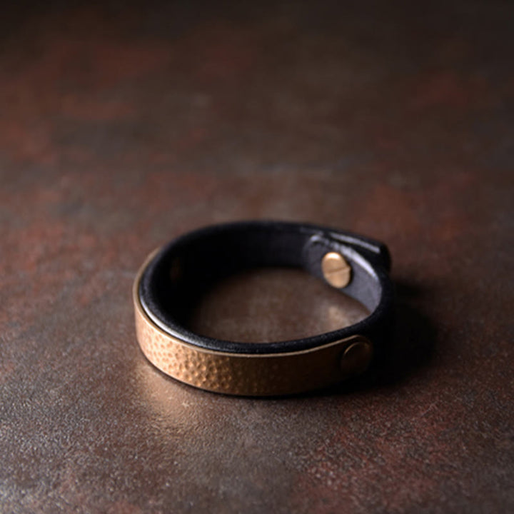 Buddha Stones Vintage Handmade Texture Copper Brass Leather Wealth Bracelet Bangle - image 16