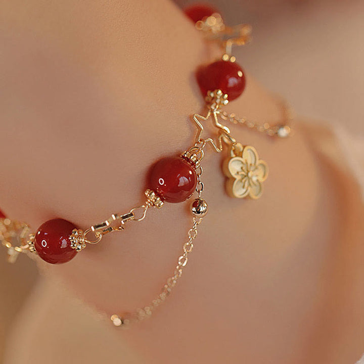 Buddha Stones 14k Gold Plated Red Agate Star Flower Charm Calm Bracelet - image 9