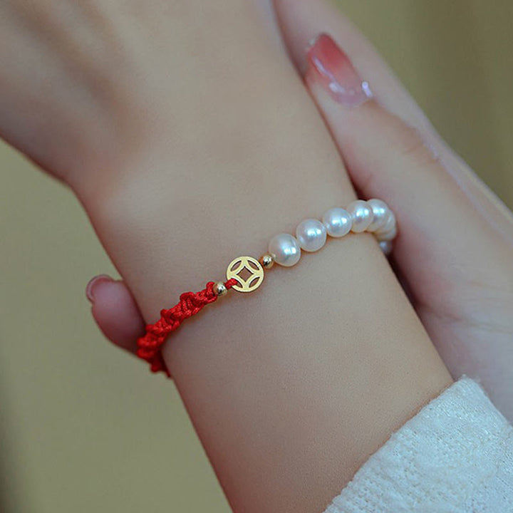 Buddha Stones 14K Gold Plated Pearl Bead Luck Protection Braid Red String Bracelet - image 8