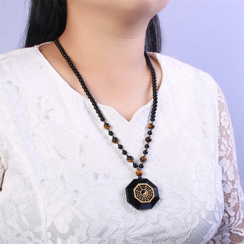 Buddha Stones Bagua Yin Yang Black Obsidian Purification Beaded Necklace Pendant - image 3