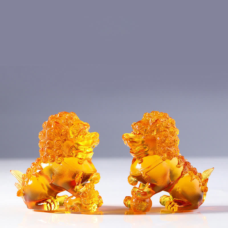 Buddha Stones Handmade Liuli Crystal Lion Art Piece Strength Home Office Decoration - A Pair of Gold Lions - image 15