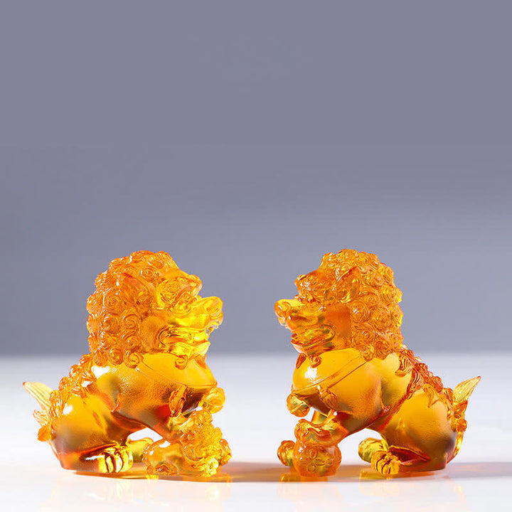 Buddha Stones Handmade Liuli Crystal Lion Art Piece Strength Home Office Decoration - A Pair of Gold Lions - image 15