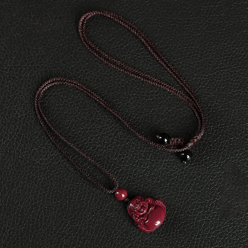 Buddha Stones Laughing Buddha Cinnabar Blessing Necklace Pendant Phone Hanging Decoration Key Chain - Necklace - Brown - image 1