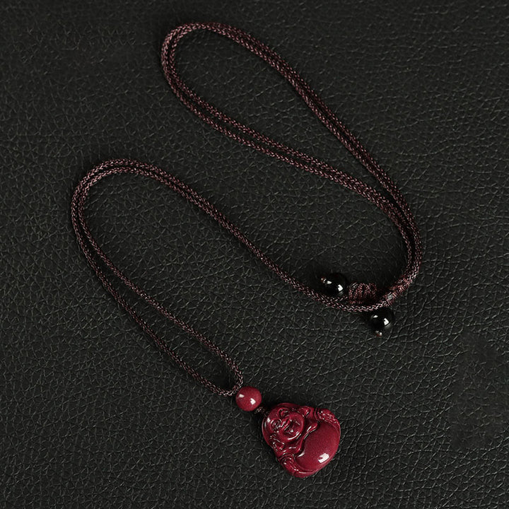 Buddha Stones Laughing Buddha Cinnabar Blessing Necklace Pendant Phone Hanging Decoration Key Chain - Necklace - Brown - image 1
