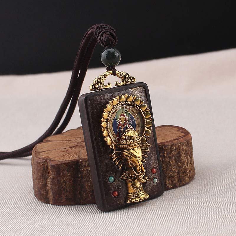 Ebony Wood Elephant God of Fortune Buddha Blessing Necklace String Pendant - image 0
