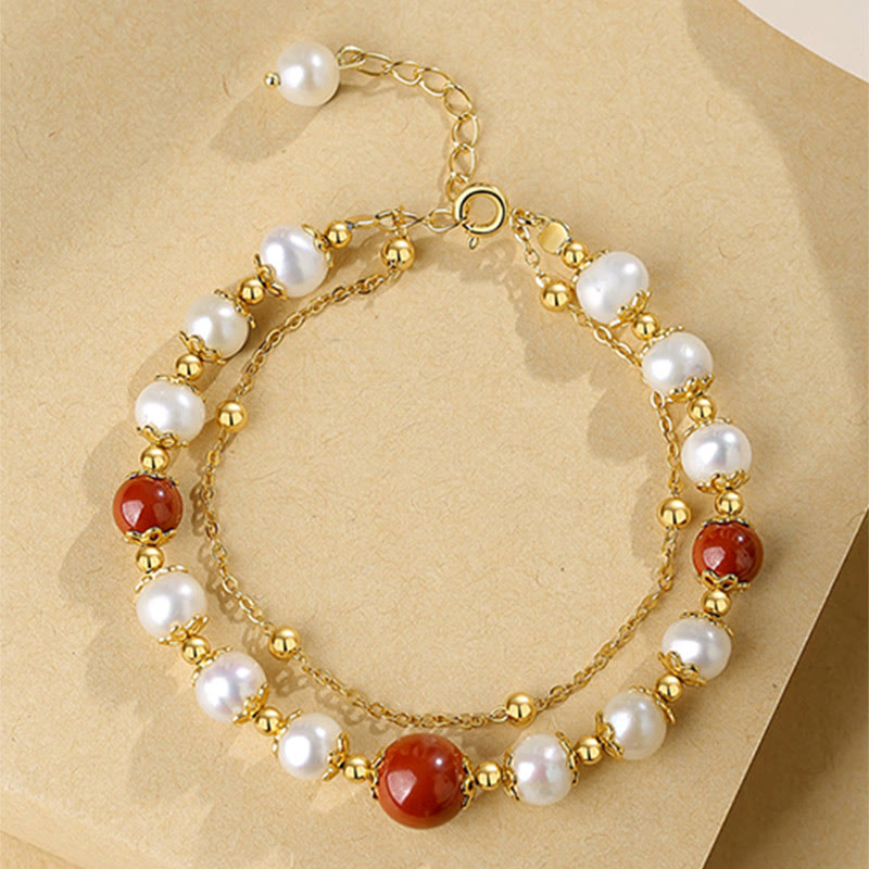 Buddha Stones 925 Sterling Silver Pearl Cinnabar Wisdom Bead Double Layer Chain Bracelet - image 4