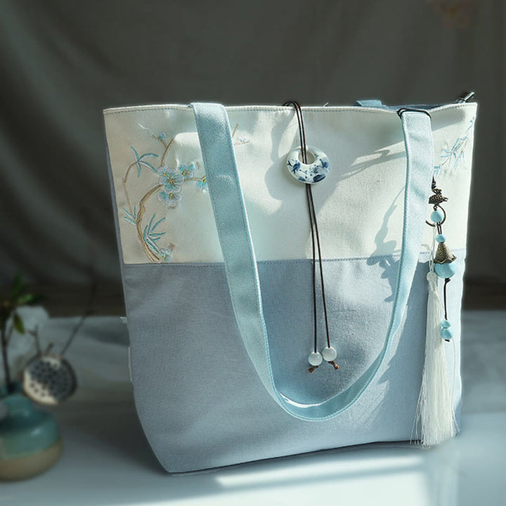 Buddha Stones Pear Flower Plum Peach Blossom Bamboo Embroidery Canvas Large Capacity Shoulder Bag Tote Bag - Blue White Plum Bamboo - image 6