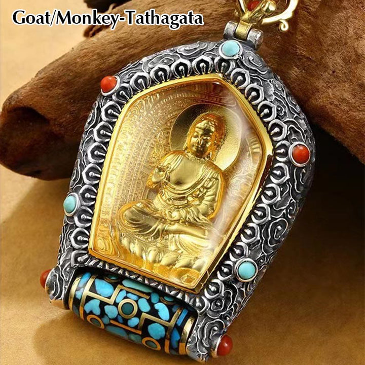 Buddha Stones Tibet Chinese Zodiac Natal Buddha Thangka Prosperity Rotatable Dzi Bead Necklace Pendant - Goat/Monkey-Tathagata - image 8