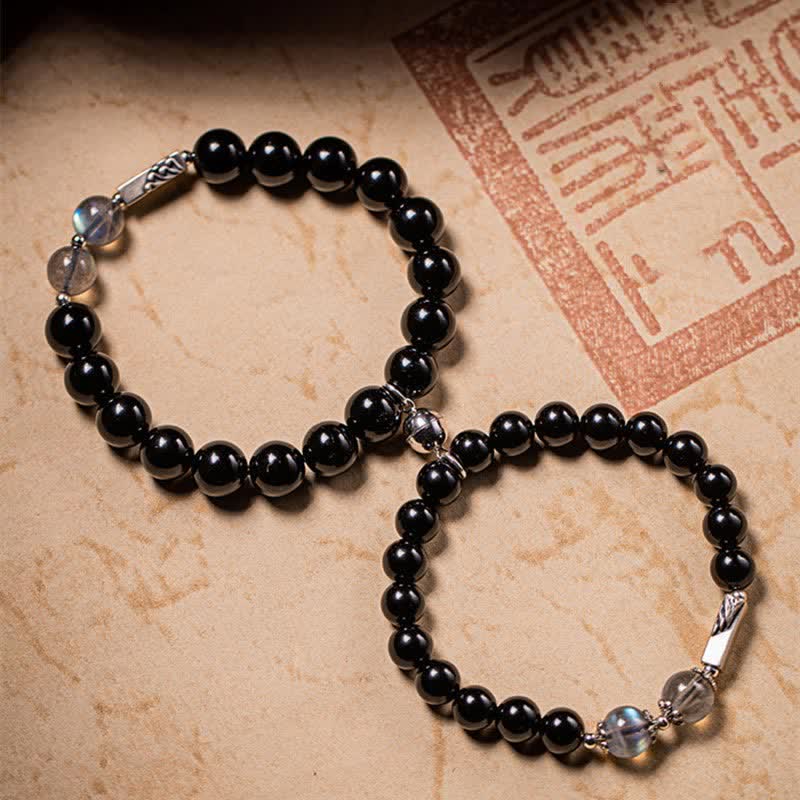 Buddha Stones 925 Sterling Silver Obsidian Moonstone Strength Couple Bracelet - 8mm&10mm - image 7