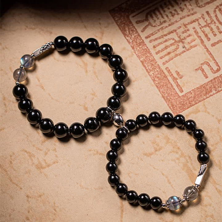 Buddha Stones 925 Sterling Silver Obsidian Moonstone Strength Couple Bracelet - 8mm&10mm - image 7