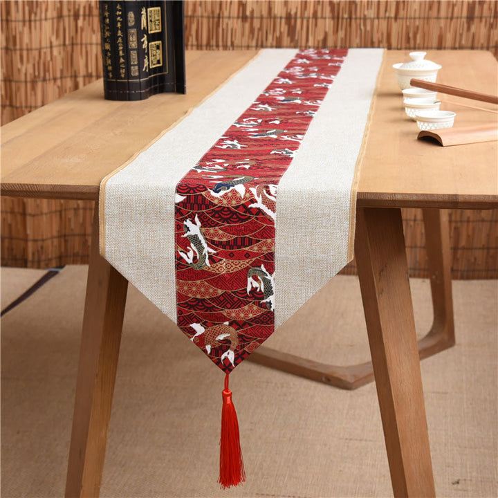 Buddha Stones Classic Chinese Style Lotus Koi Fish Flower Crane Calligraphy Enlightenment Cotton Linen Tassels Table Runner - Beige Red Koi Fish - 30*180cm - image 31