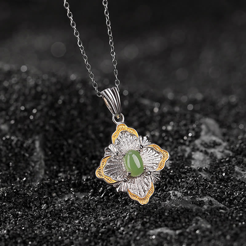 Buddha Stones 925 Sterling Silver Plated Gold Hetian Cyan Jade Rhombus Design Luck Healing Necklace Pendant - Cyan Jade(Success♥Healing) - image 0