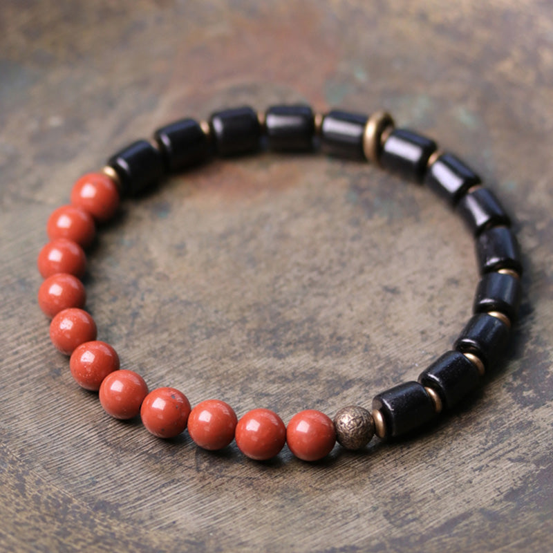 Buddha Stones Ebony Wood Red Jasper Moss Agate Crystal Copper Peace Couple Bracelet - Ebony&Red Jasper - 18cm - image 0