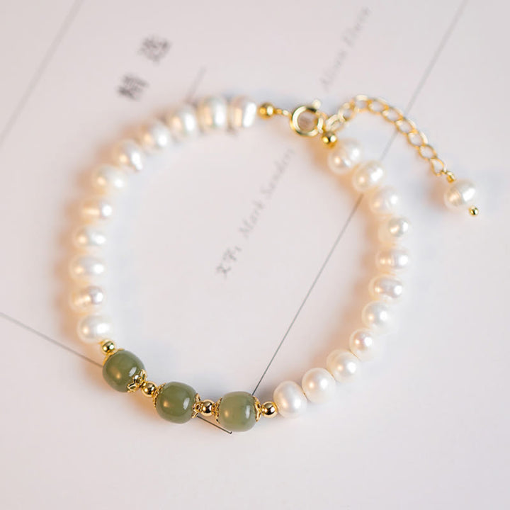 Buddha Stones 14K Gold Plated Natural Pearl Hetian Cyan Jade White Jade Sincerity Bead Chain Bracelet - image 8