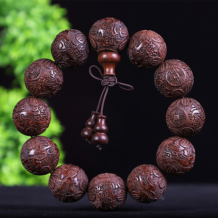 Buddha Stones Chinese Zodiac Rosewood Ebony Copper Coin PiXiu Carved Warmth Bracelet - Red Sandalwood Copper Coin - image 7
