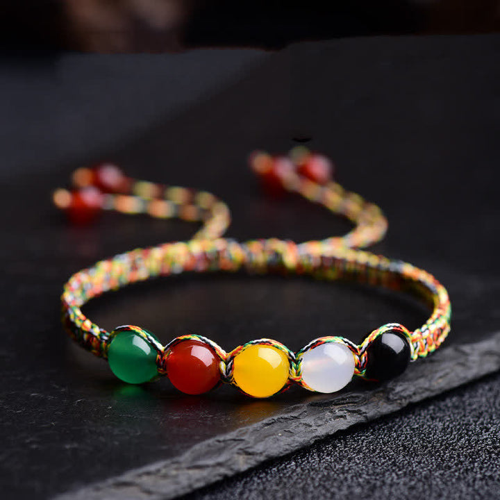 Buddha Stones Colorful Agate Metal Wood Water Fire Earth Five Elements String Bracelet - Agate - image 0
