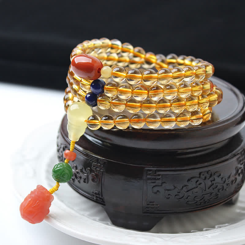 108 Mala Beads Natural Citrine Amber Peace Buckle Red Agate PiXiu Protection Charm Bracelet - Citrine&Red Agate - image 17