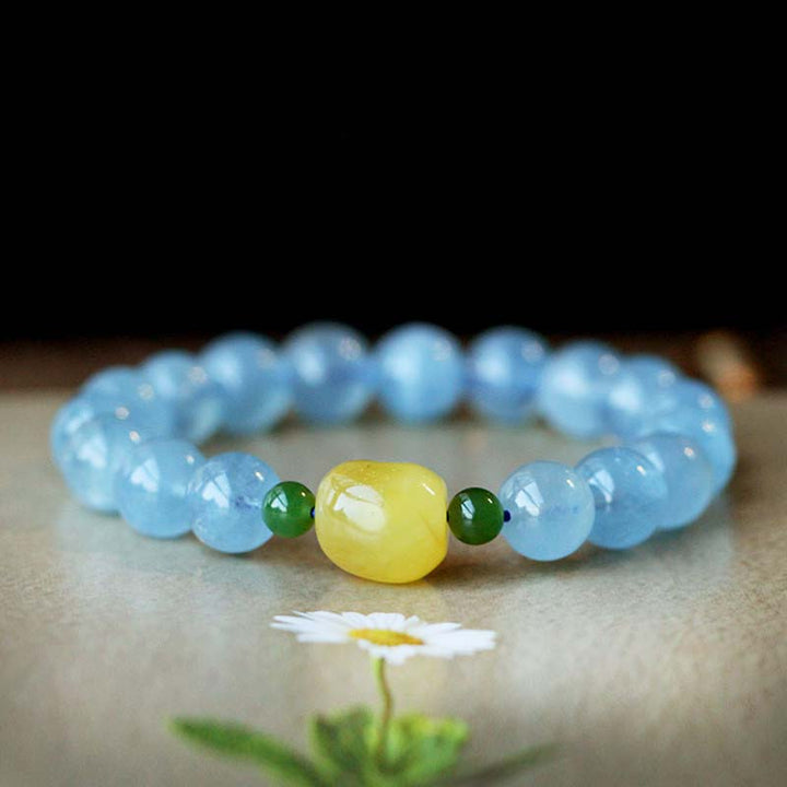 Natural Aquamarine Amber Beads Serenity Healing Bracelet - image 5