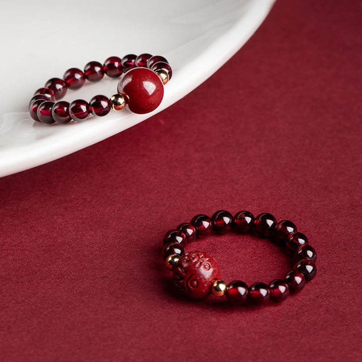 Buddha Stones Garnet Cinnabar Lucky Bead PiXiu Om Mani Padme Hum Rose Protection Ring - image 0
