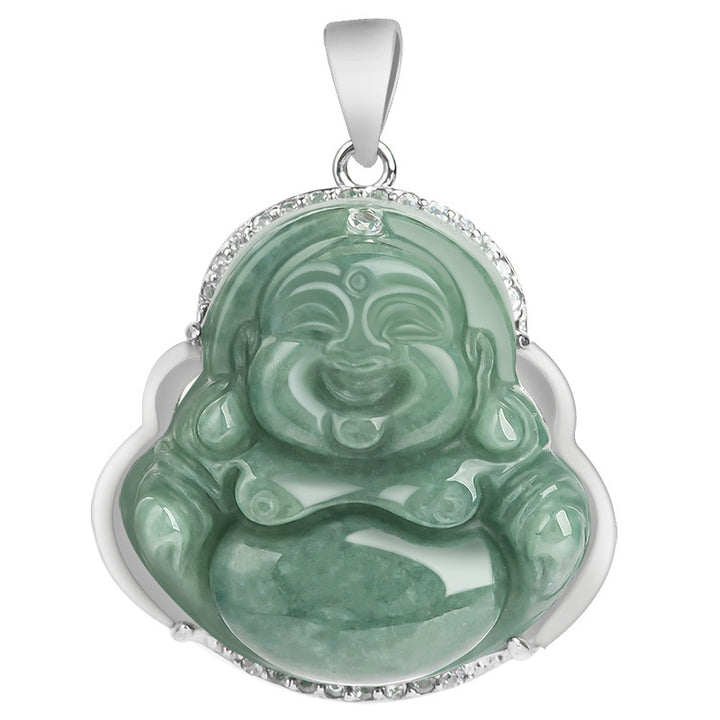 Buddha Stones Laughing Buddha Jade Abundance Necklace Titanium Steel Chain Pendant - image 12