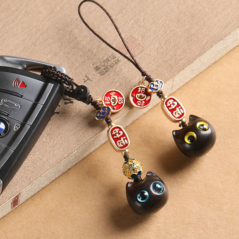 Buddha Stones Ebony Wood Lucky Cat Auspicious Cloud Peace Key Chain Phone Hanging Decoration - image 2