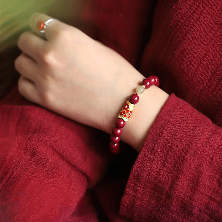 Buddha Stones Natural Cinnabar Lucky Koi Fish Hetian Jade Bead Blessing Bracelet - image 3