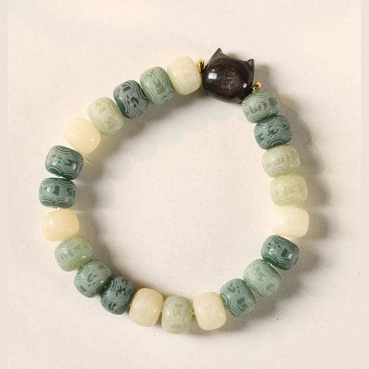 Buddha Stones Bodhi Seed Silver Sheen Obsidian Cat Head Om Mani Padme Hum Engraved Harmony Bracelet - image 9