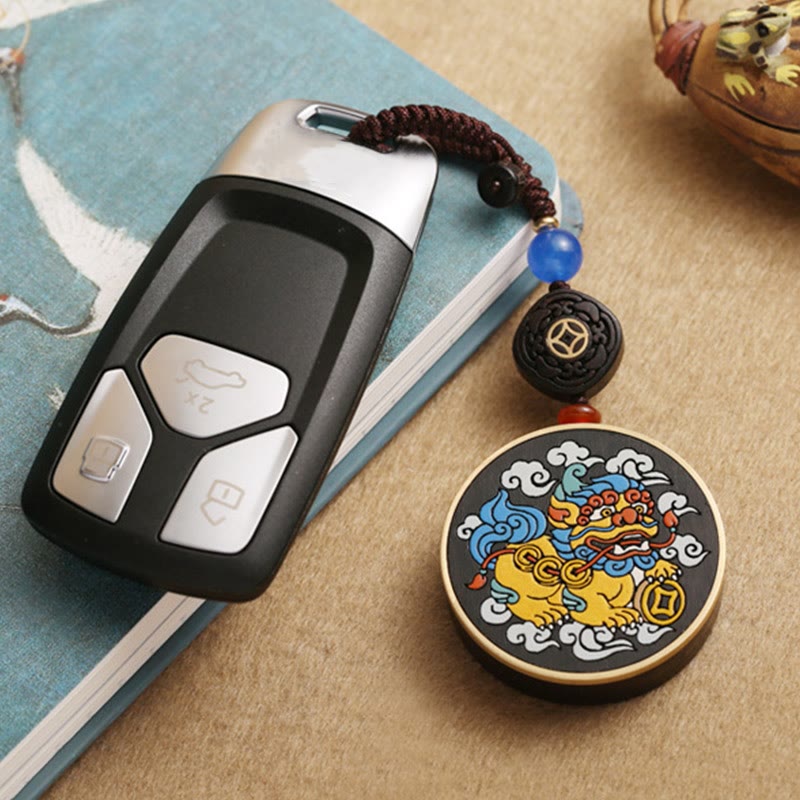 Buddha Stones PiXiu Copper Coin Ebony Wood Luck Attract Wealth Key Chain Decoration - image 8