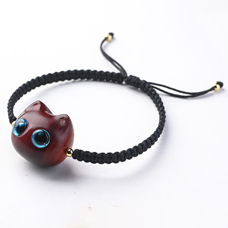 Buddha Stones Small Leaf Red Sandalwood Ebony Wood Cute Cat Head Calm Protection Braided Bracelet - image 4