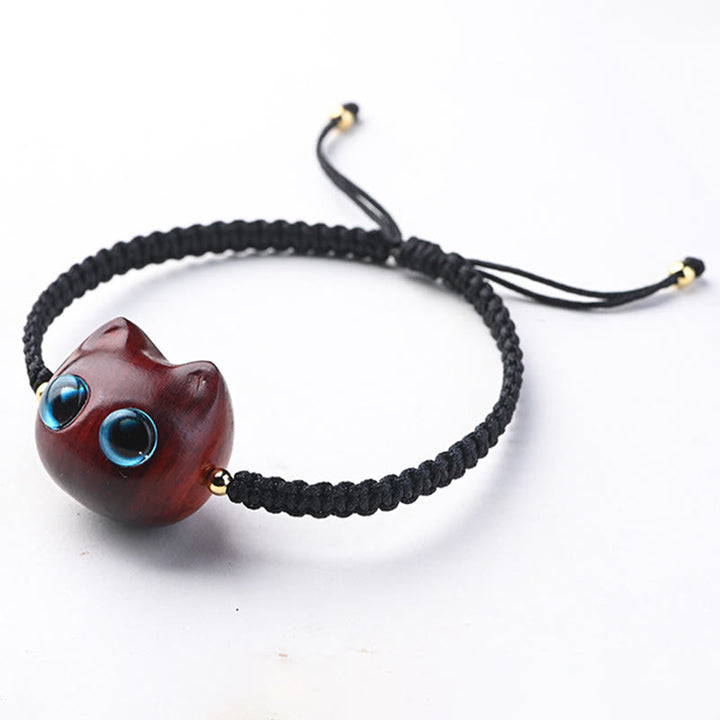 Buddha Stones Small Leaf Red Sandalwood Ebony Wood Cute Cat Head Calm Protection Braided Bracelet - image 4
