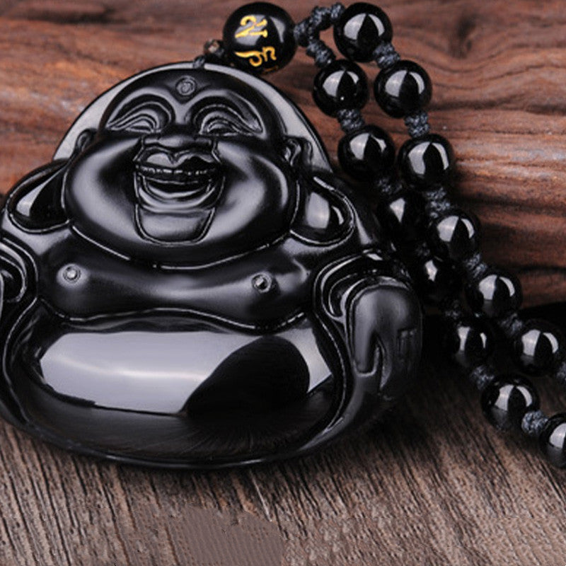 Buddha Stones Laughing Buddha Black Obsidian Transformation Pendant Necklace - image 4
