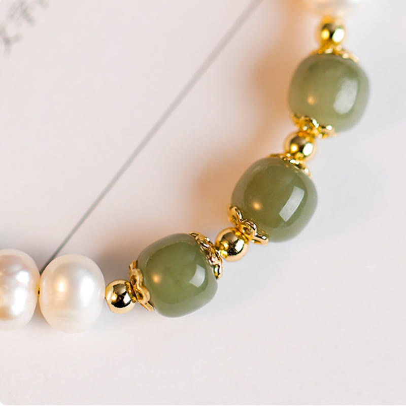 Buddha Stones 14K Gold Plated Natural Pearl Hetian Cyan Jade White Jade Sincerity Bead Chain Bracelet - image 4