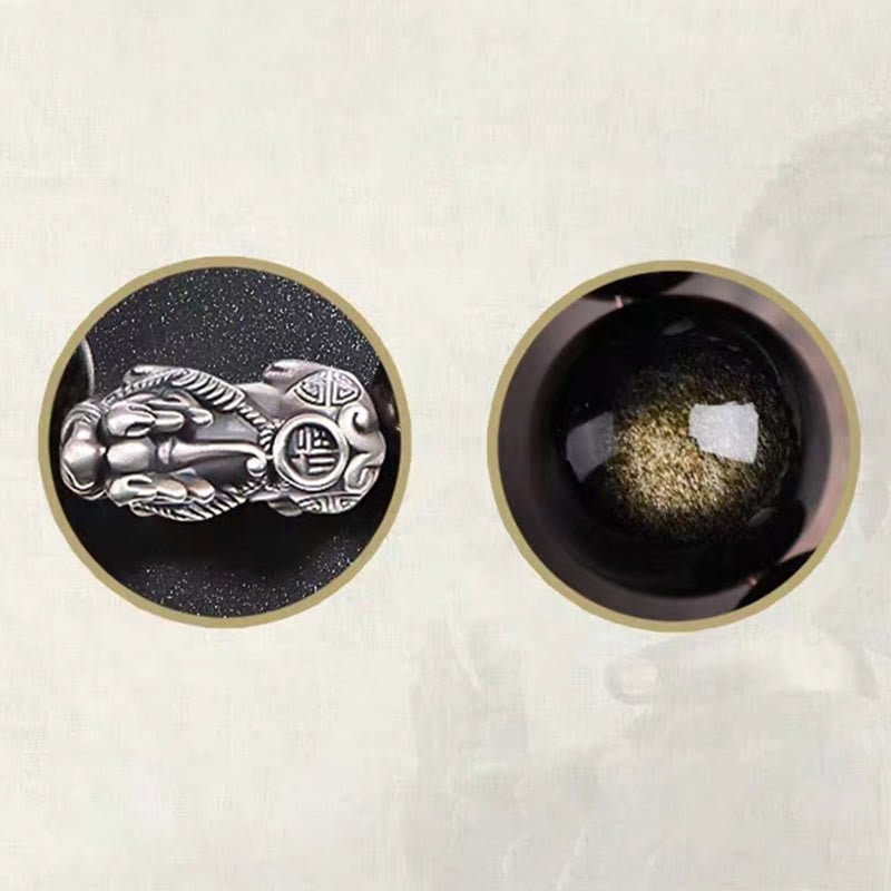 Buddha Stones 925 Sterling Silver Natural Gold Sheen Obsidian PiXiu Wealth Protection Bracelet - image 8