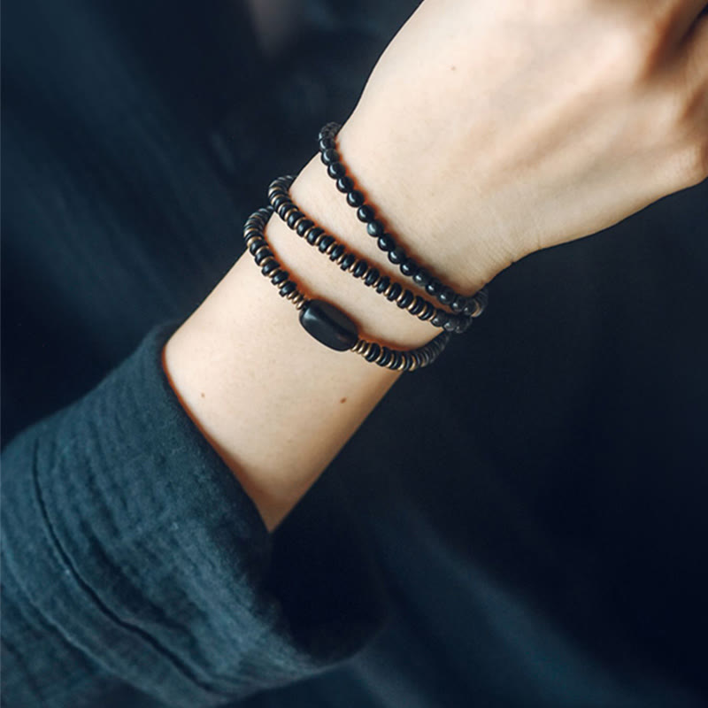 Buddha Stones Rainbow Obsidian Ebony Wood Copper Healing Triple Wrap Bracelet - image 14