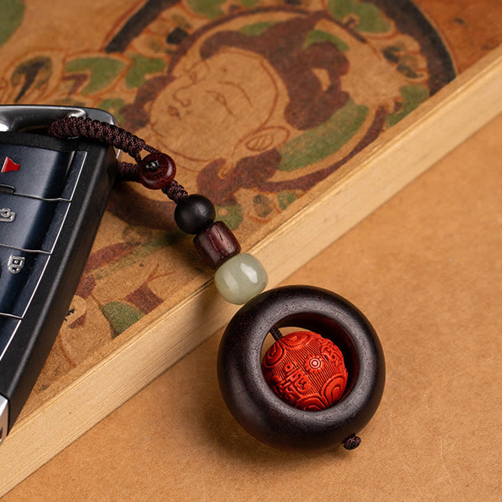 Buddha Stones Tibet Om Mani Padme Hum PiXiu Copper Coin Small Leaf Red Sandalwood Cinnabar Protection Key Chain - image 3