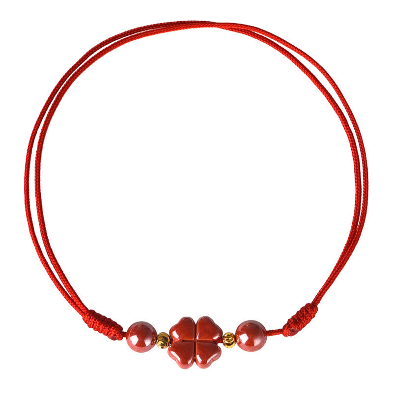 Buddha Stones Four Leaf Clover Cinnabar Blessing Calm String Bracelet Anklet - image 19