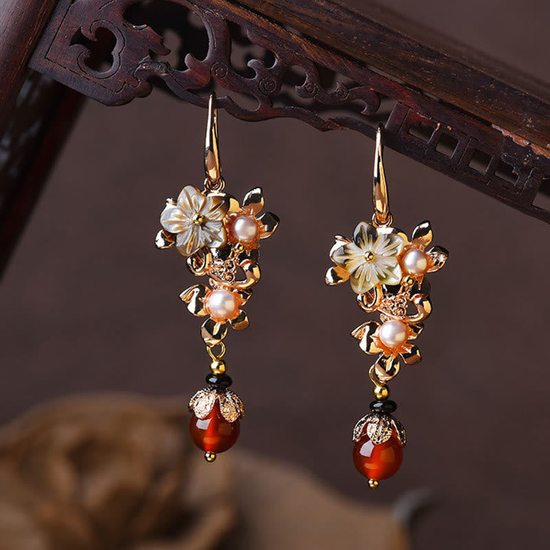 Buddha Stones 14K Gold Plated Tridacna Stone Flower Pearl Green Aventurine Bead Drop Earrings - Black Tridacna Stone Flower Pearl Red Bead - image 9