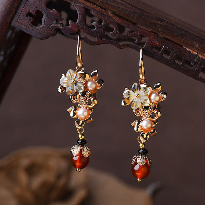 Buddha Stones 14K Gold Plated Tridacna Stone Flower Pearl Green Aventurine Bead Drop Earrings - Black Tridacna Stone Flower Pearl Red Bead - image 9