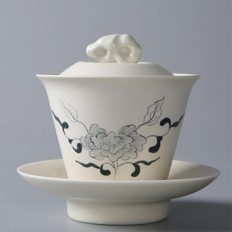 Buddha Stones Hand Painted Pomegranate Hibiscus Pine Lotus Ceramic Gaiwan Sancai Teacup Kung Fu Tea Cup And Saucer With Lid - 9*10cm*170ml - Hibiscus - image 19