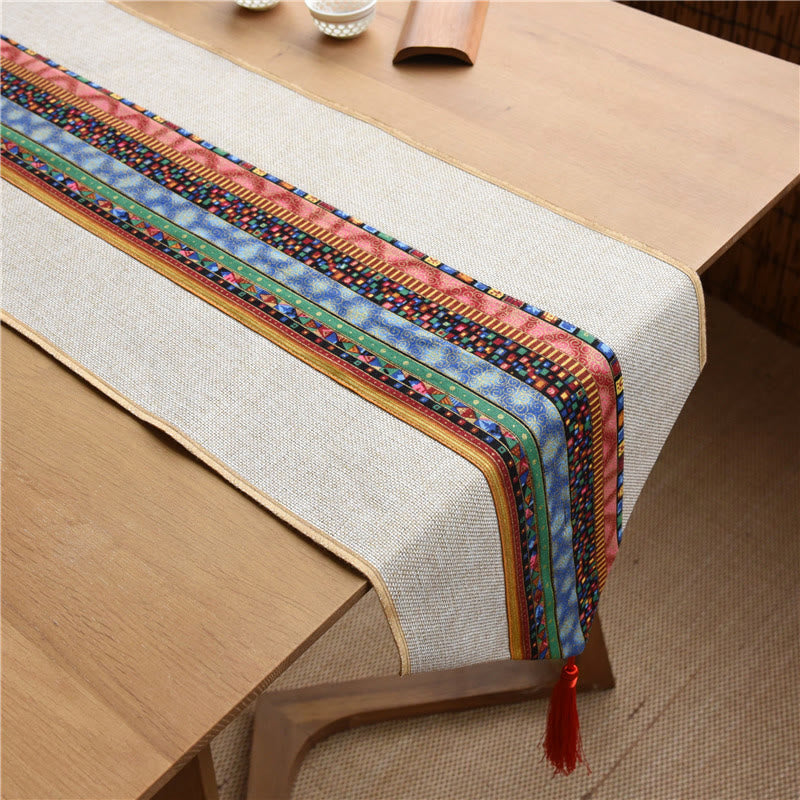 Buddha Stones Classic Chinese Style Lotus Koi Fish Flower Crane Calligraphy Enlightenment Cotton Linen Tassels Table Runner - image 4